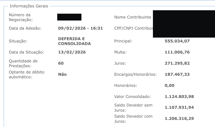 Tela do Regularize da PGFN, nome e CNPJ cobertos: adesão em 09/02/2026, deferida e consolidada em 13/02/2026, 60 prestações, valor consolidado R$1.124.803,98