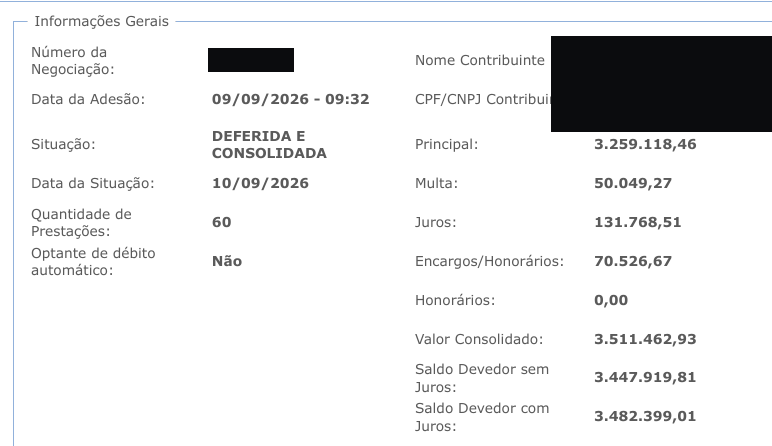 Tela do Regularize da PGFN, nome e CNPJ cobertos: adesão em 09/09/2026, deferida e consolidada em 10/09/2026, 60 prestações, valor consolidado R$3.511.462,93