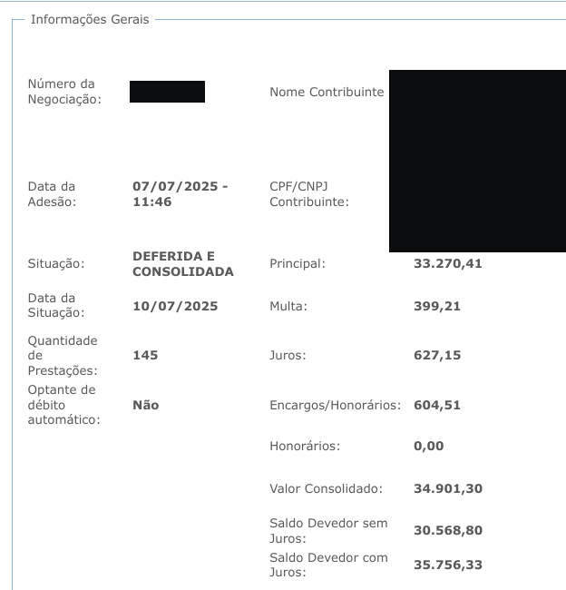 Tela do Regularize da PGFN, nome e CNPJ cobertos: adesão em 07/07/2025, deferida e consolidada em 10/07/2025, 145 prestações, valor consolidado R$34.901,30
